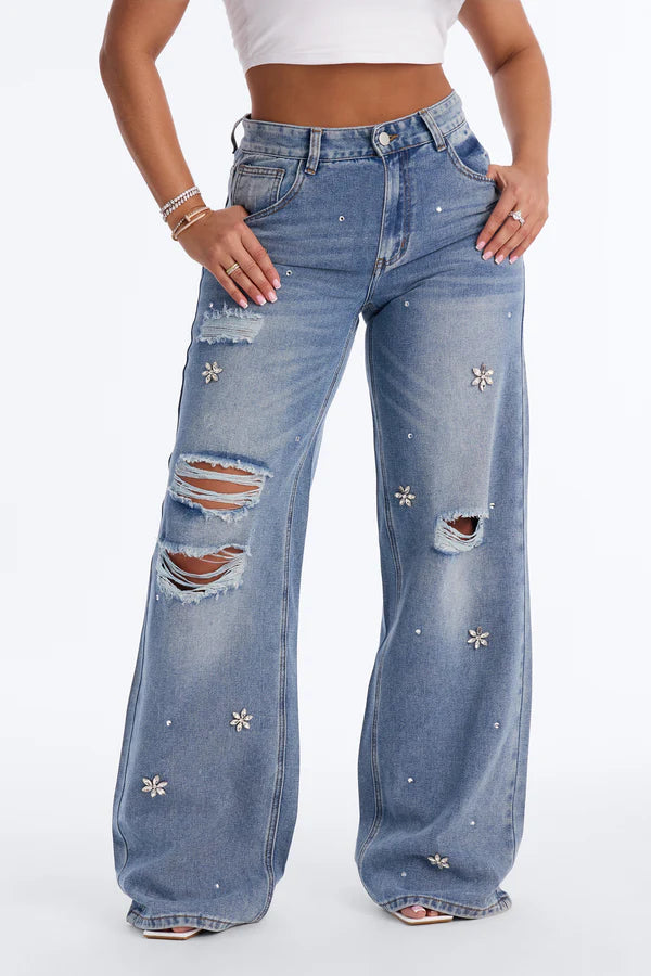 Always Delicate Floral Embellished Wide Leg Jeans - Medium Wash