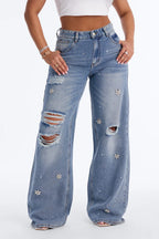 Always Delicate Floral Embellished Wide Leg Jeans - Medium Wash