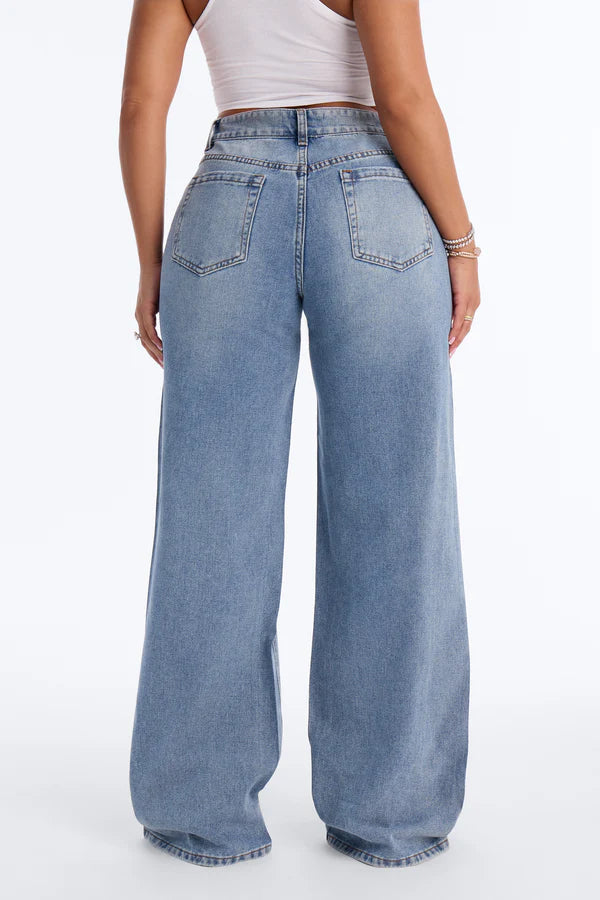 Always Delicate Floral Embellished Wide Leg Jeans - Medium Wash