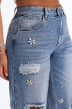Always Delicate Floral Embellished Wide Leg Jeans - Medium Wash