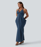 Crisscross Backless Deep V-neck Stacked Ruched Maxi Party Slip Dress