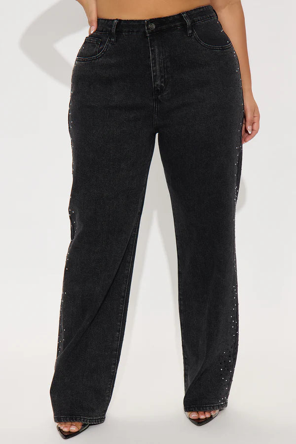 Always Shining Stretch Embellished Straight Leg Jeans - Black Wash
