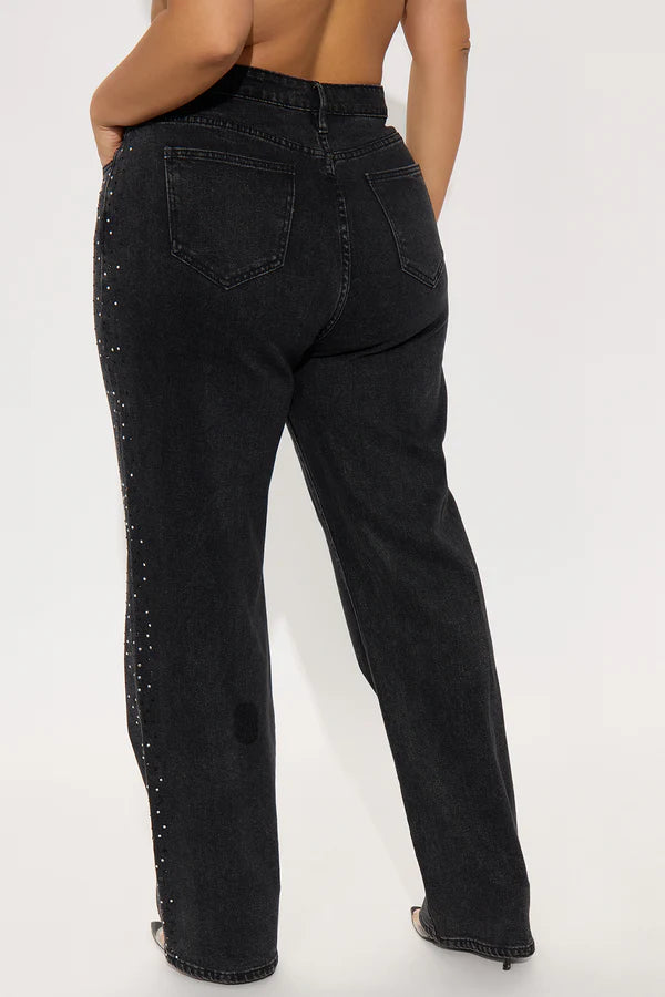 Always Shining Stretch Embellished Straight Leg Jeans - Black Wash