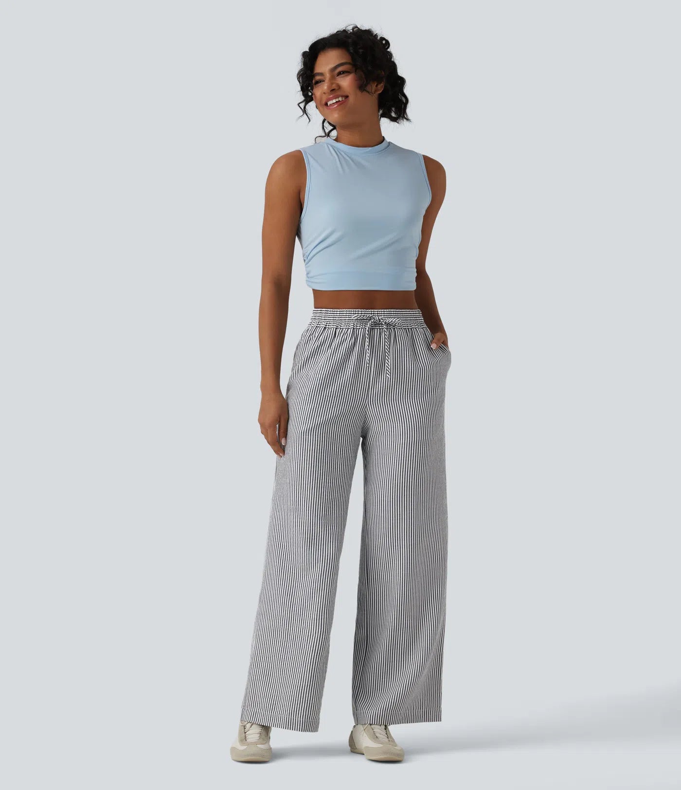 High Waisted Drawstring Stripes Linen-Feel Casual Baggy Pants with Pockets