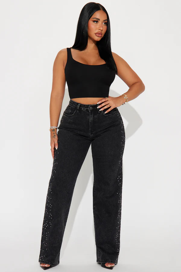 Always Shining Stretch Embellished Straight Leg Jeans - Black Wash