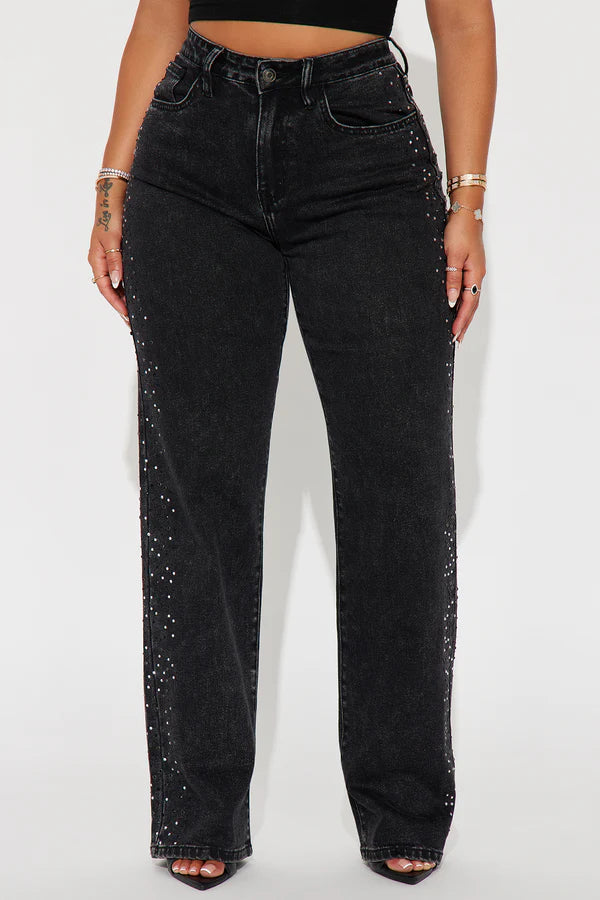 Always Shining Stretch Embellished Straight Leg Jeans - Black Wash