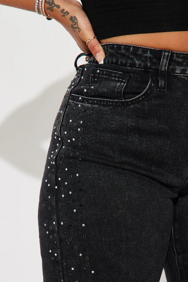 Always Shining Stretch Embellished Straight Leg Jeans - Black Wash
