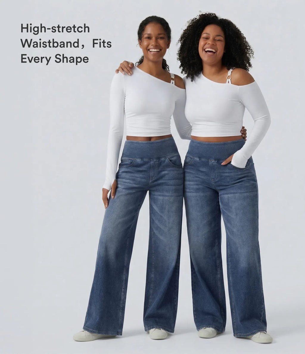 Mid Rise Draped Lyocell Washed Casual Baggy Wide Leg Jeans with Pockets