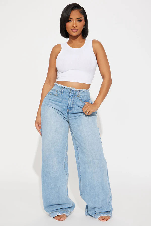 In Your Dreams Cut Off Waistband Baggy Jean - Medium Wash