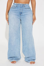 In Your Dreams Cut Off Waistband Baggy Jean - Medium Wash