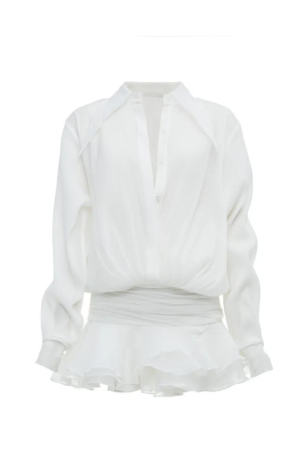 Ember Ruched Ruffle Mini Dress - White