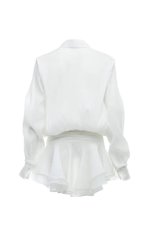 Ember Ruched Ruffle Mini Dress - White