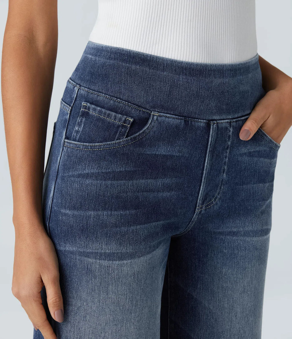 High Waisted Pockets Baggy Wide Leg Washed Casual Jeans