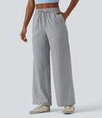 High Waisted Drawstring Stripes Linen-Feel Casual Baggy Pants with Pockets