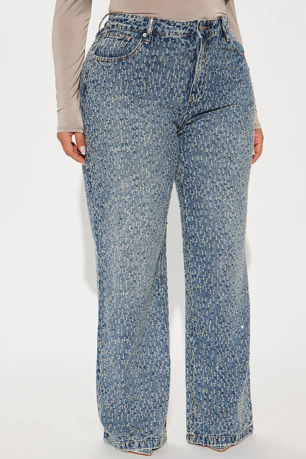 Turning The Page Embellished Wide Leg Jeans - Medium Wash