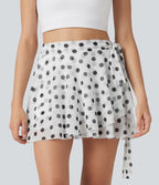 High Waisted Tie Side 2-in-1 Flowy Polka Dot Mesh Micro Mini Flare Skirt with Pocket