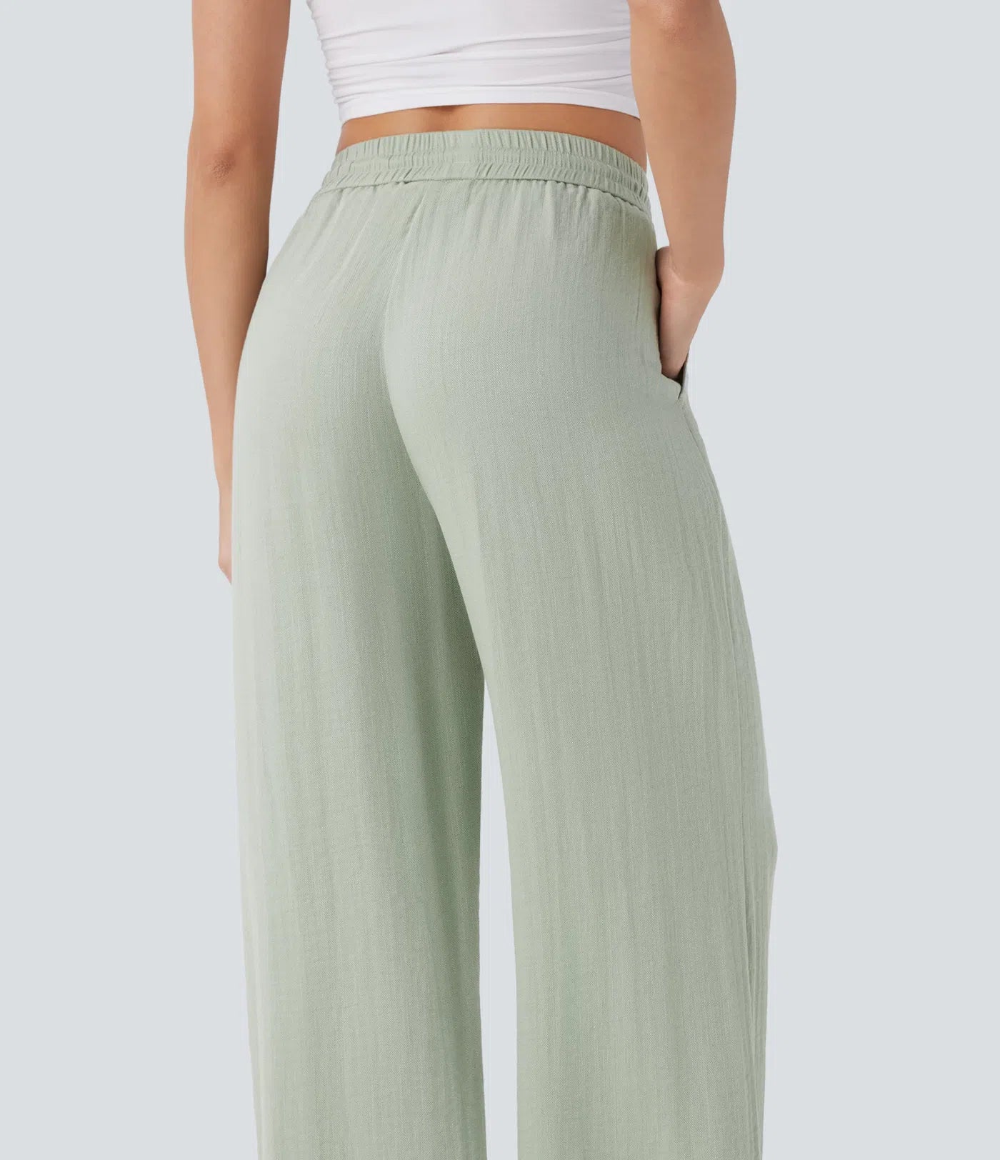 High Waisted Drawstring Pocket Wide Leg Baggy Casual Linen-Feel Pants
