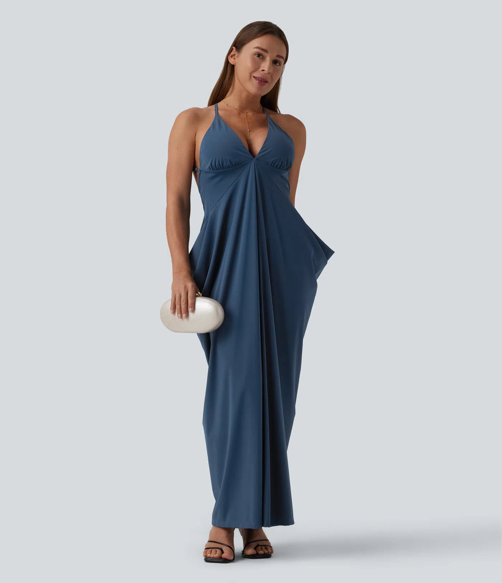 Crisscross Backless Deep V-neck Stacked Ruched Maxi Party Slip Dress