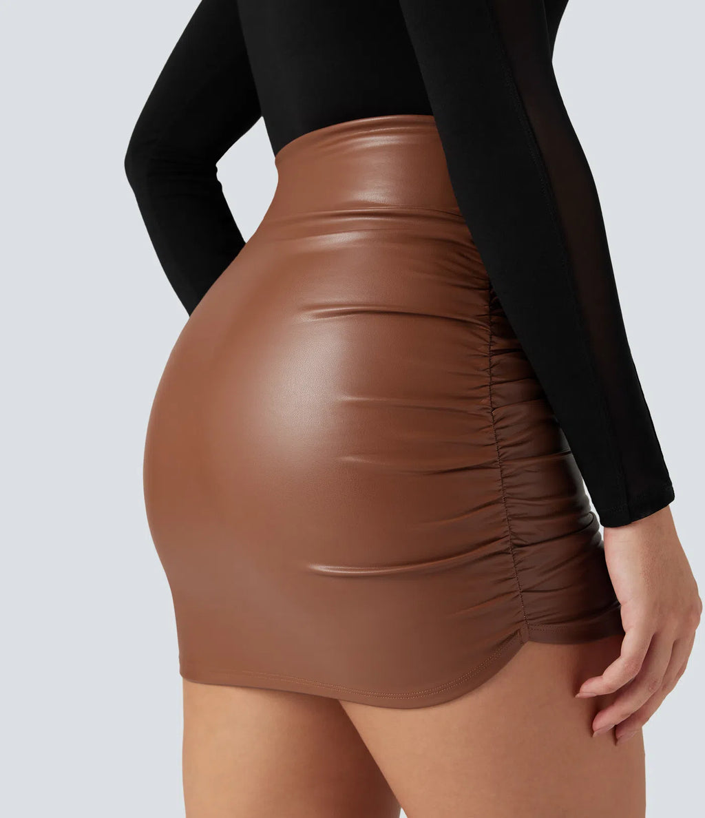 High Waisted Tummy Control Ruched Curved Hem 2-in-1 Fleece PU Mini Bodycon Skirt