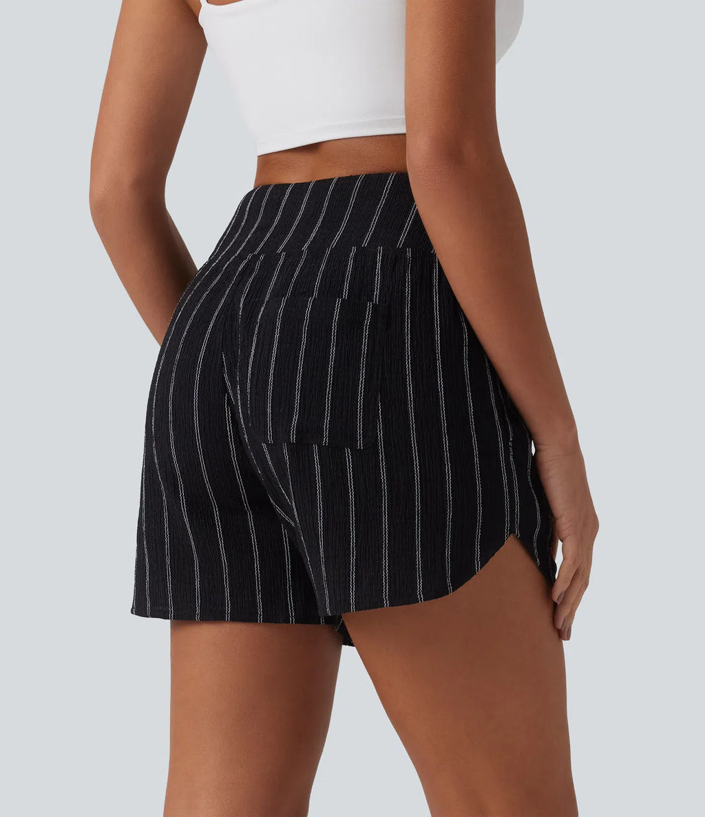 High Waisted Curved Hem Stripe Casual Shorts with Pockets
