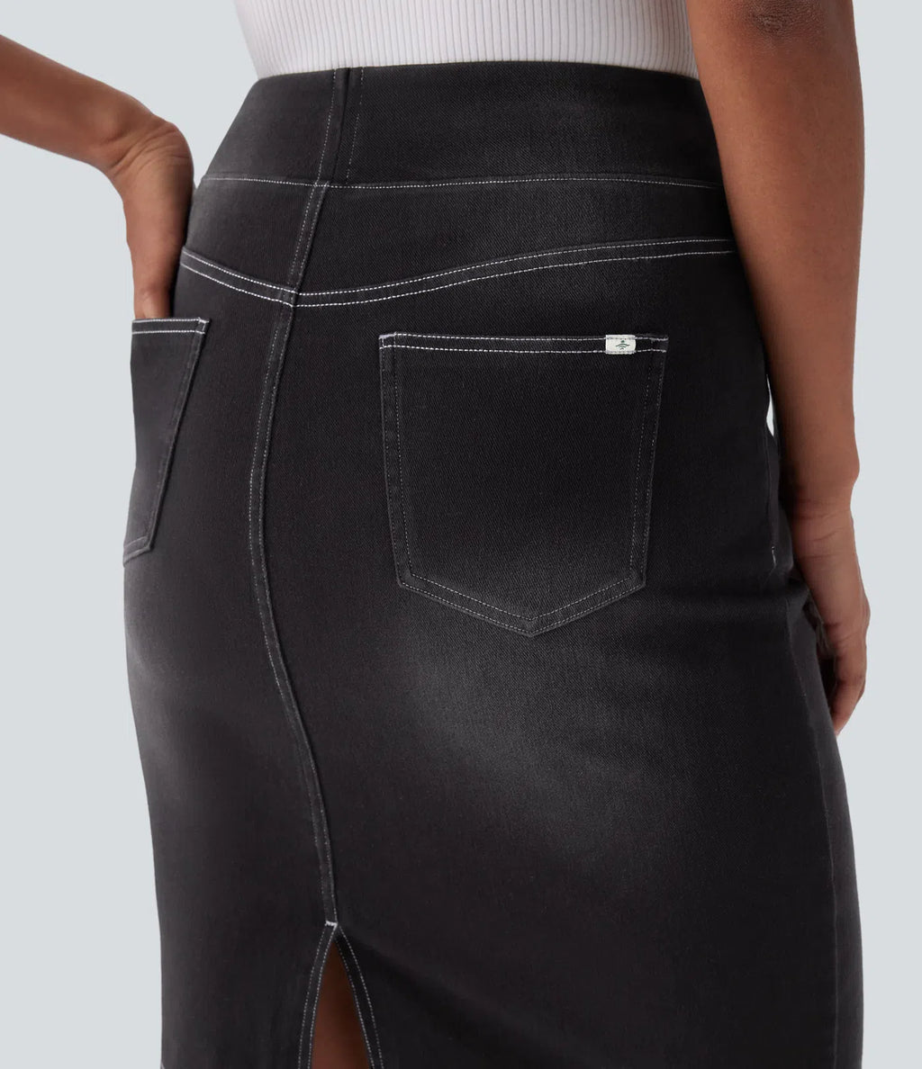 High Waisted Pockets Washed Denim Casual Skirt