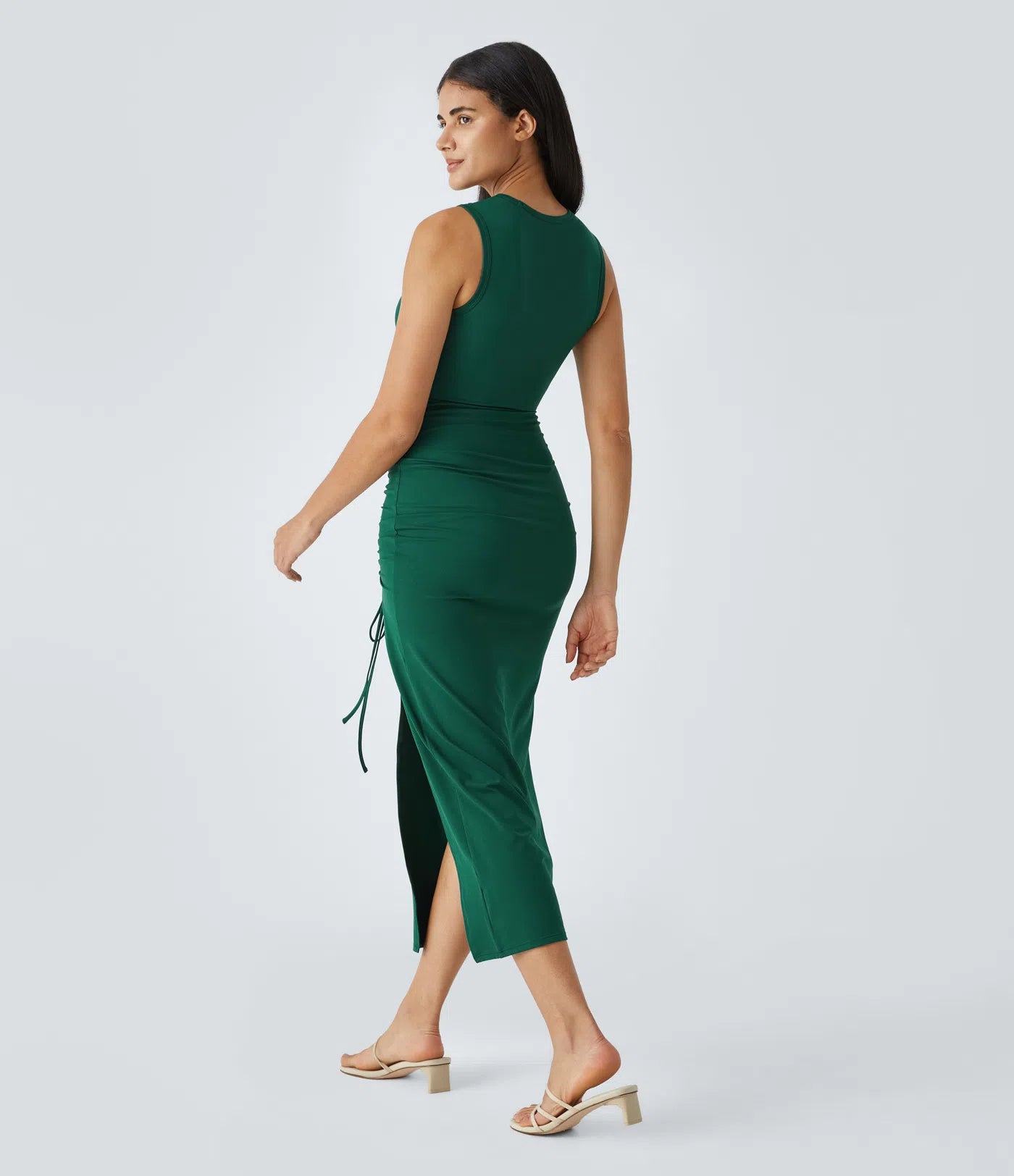 Round Neck Cut Out Ruched Drawstring Hem Bodycon Maxi Casual Dress