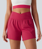 Airy Crossover High Waisted 2-in-1 Cool Touch Yoga Shorts 5'' with Pockets