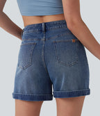 Mid Rise Rolled Hem Denim Casual Shorts 5'' with Pockets