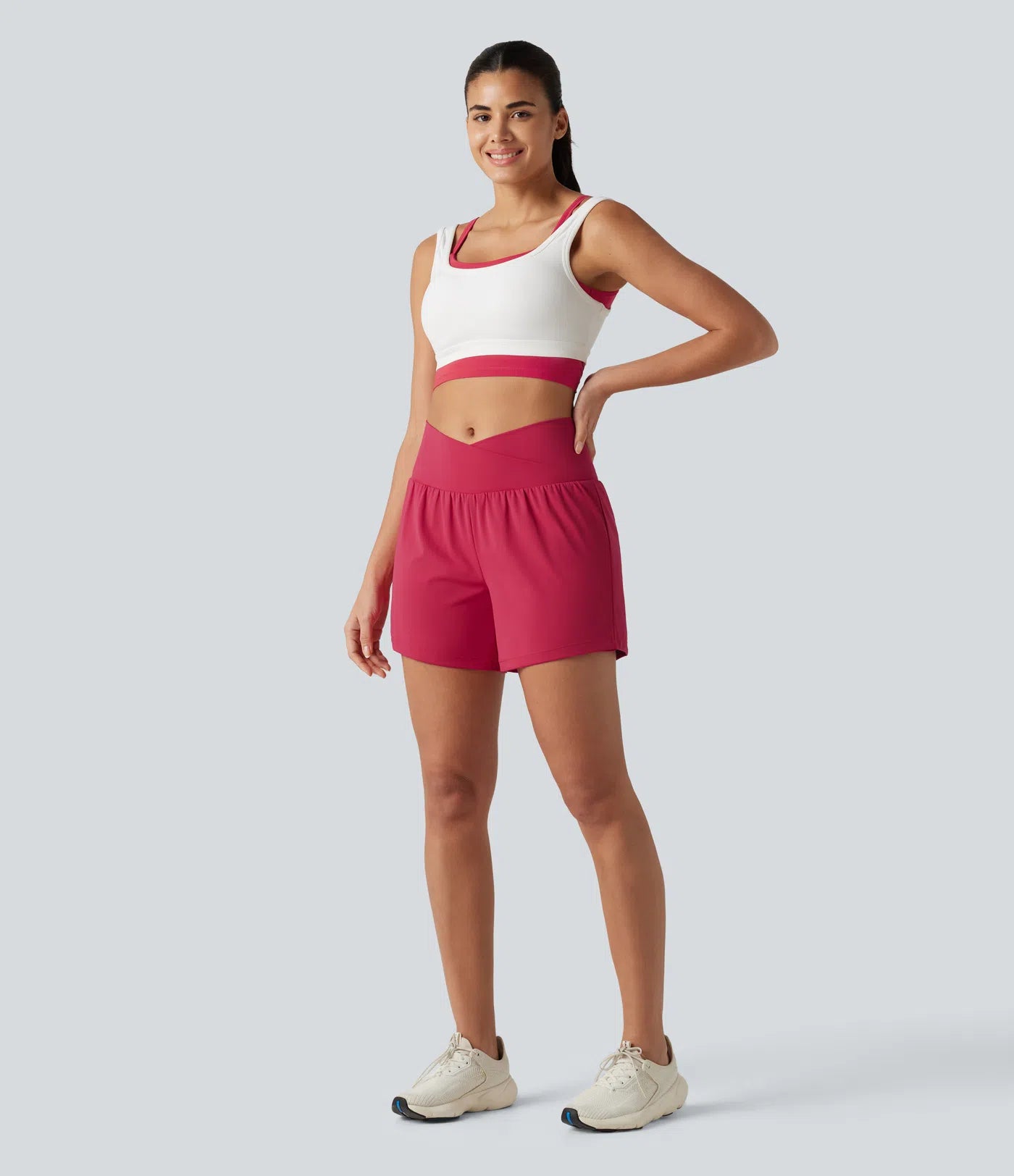 Airy Crossover High Waisted 2-in-1 Cool Touch Yoga Shorts 5'' with Pockets