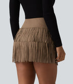 Crossover High Waisted 2-in-1 Fringe Hem Bodycon Mini Suede Party Skirt
