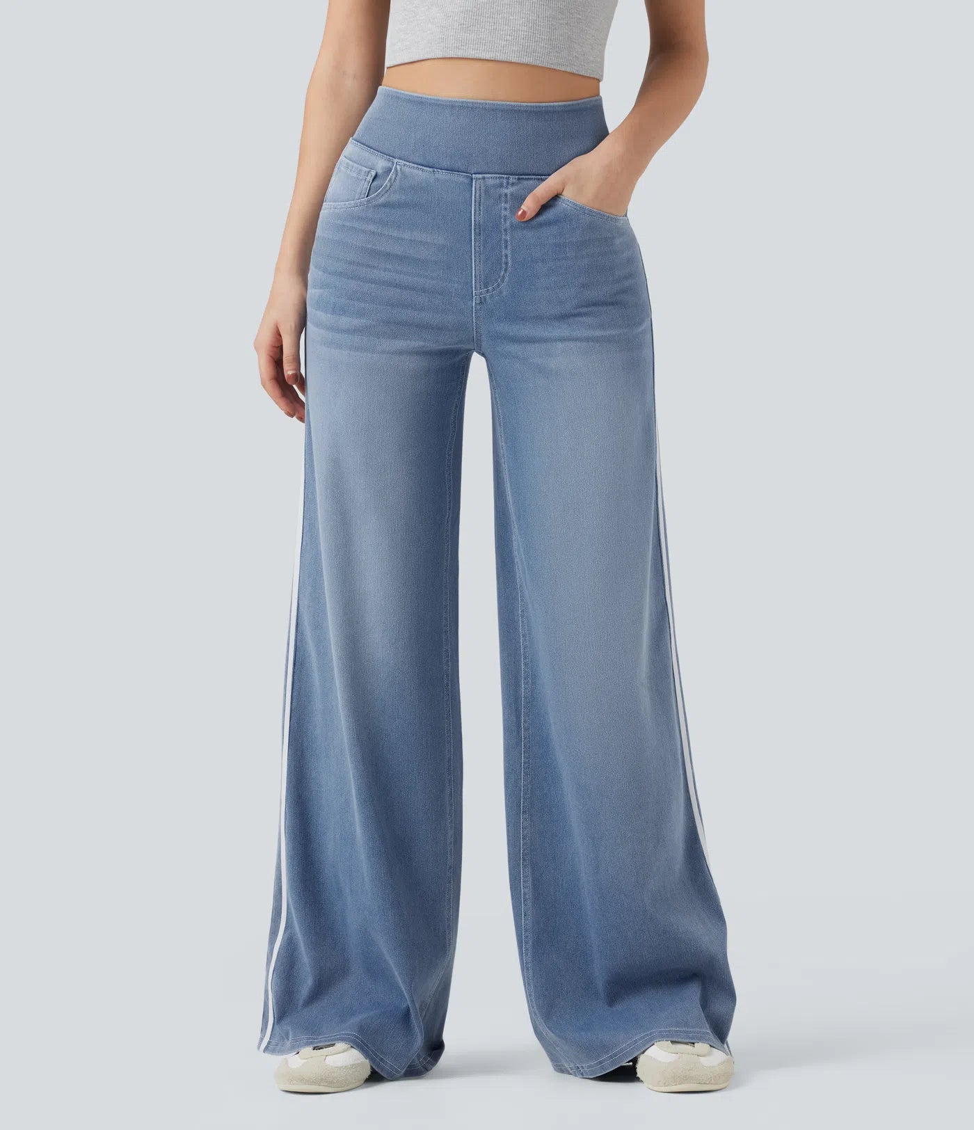 High Waisted Stripe Wide Leg Flowy Washed Casual Jeans with Pockets