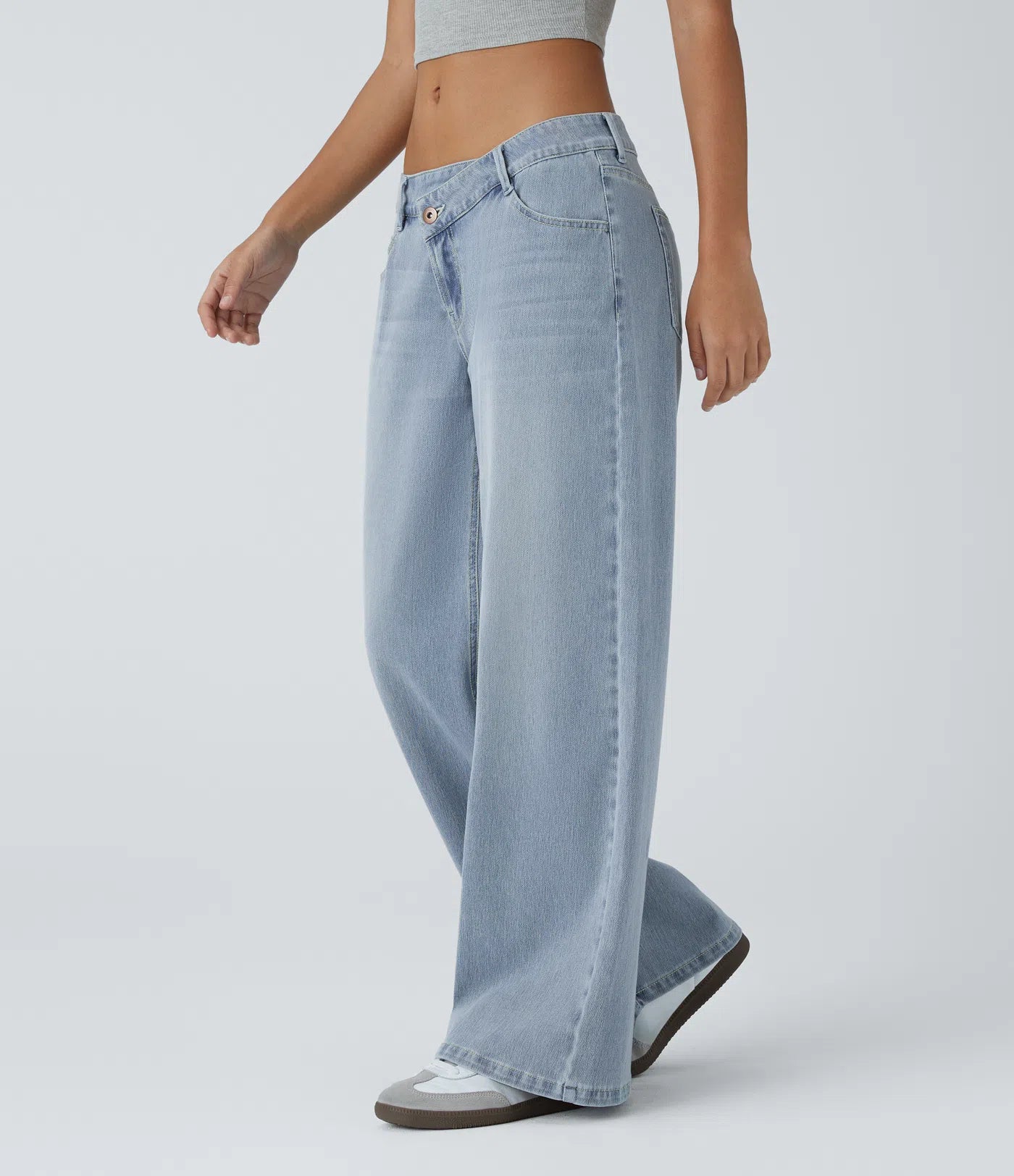 Asymmetric Low Rise Zipper Pockets Baggy Wide Leg Washed Casual Jeans
