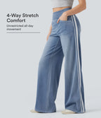 High Waisted Stripe Wide Leg Flowy Washed Casual Jeans with Pockets