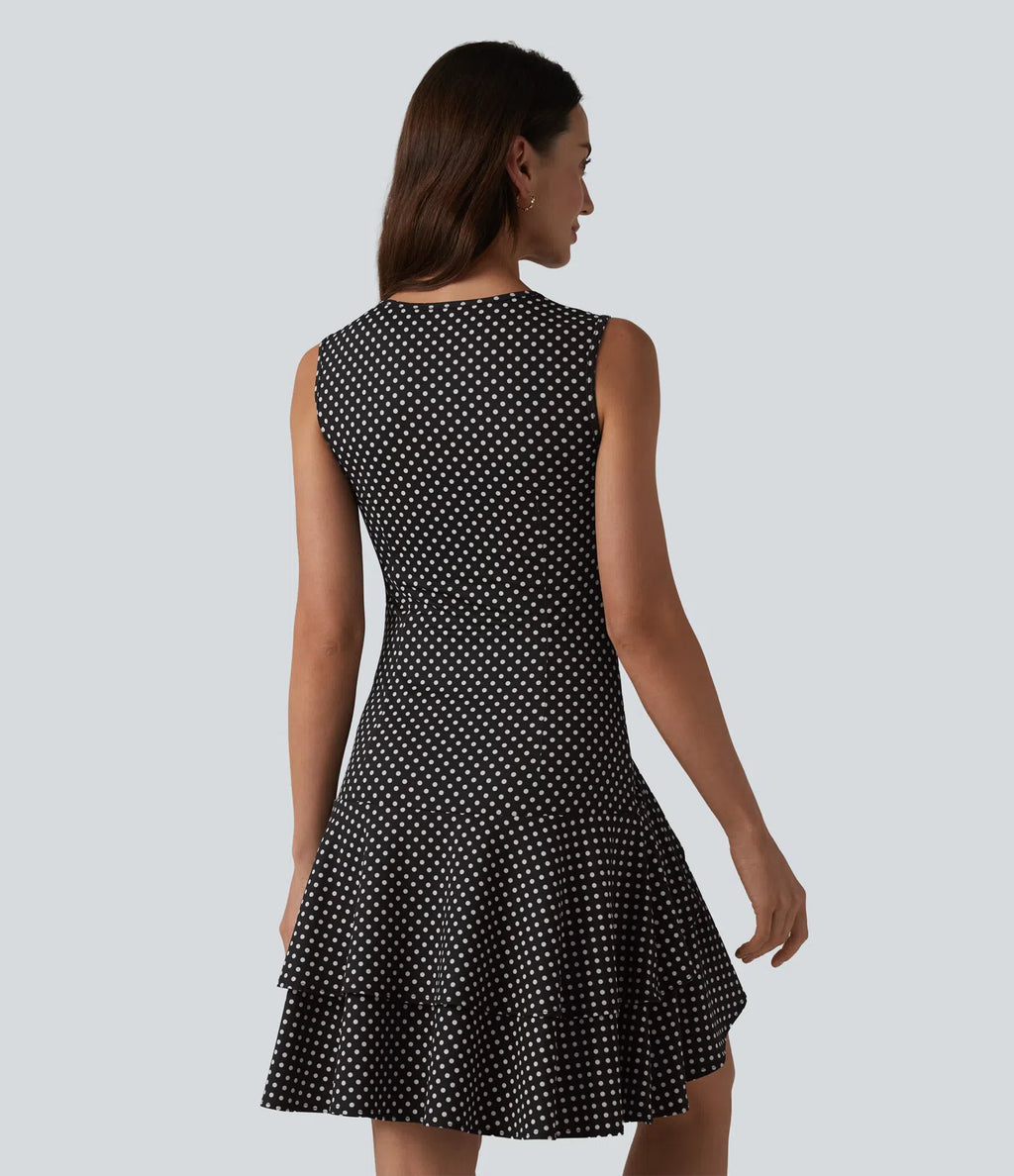 Sleeveless Layered Ruffle Hem Polka Dot Mini Casual Dress