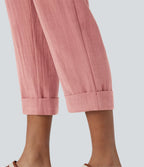 High Waisted Zipper Pocket Cropped Linen-Feel Pants