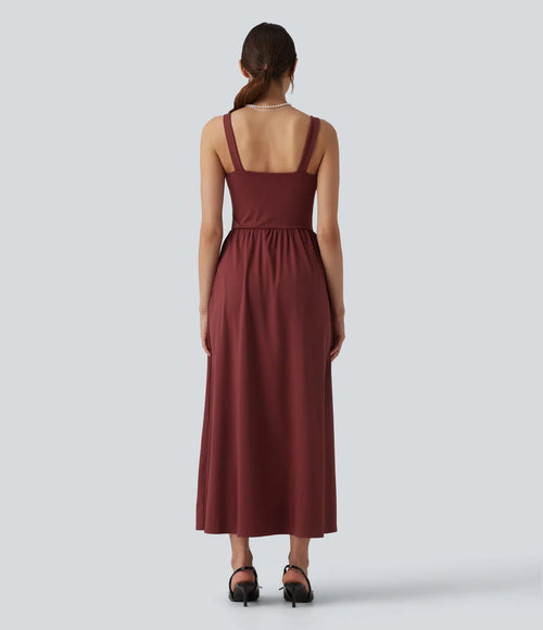 Airy V-neck Twisted Sleeveless Split Midi Non-Removable