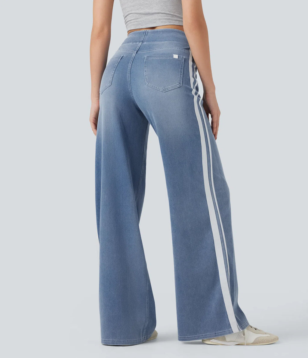 High Waisted Stripe Wide Leg Flowy Washed Casual Jeans with Pockets