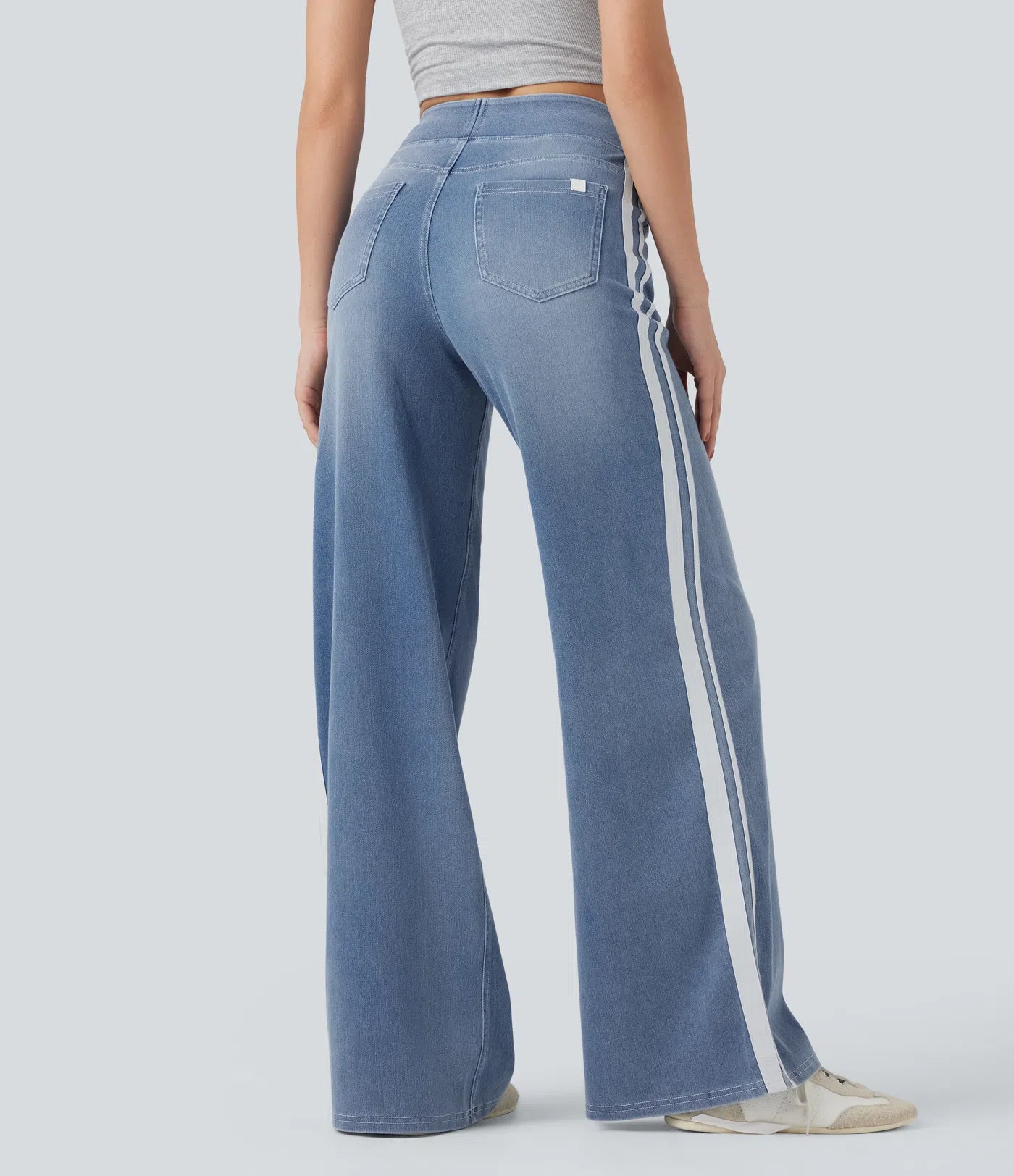 High Waisted Stripe Wide Leg Flowy Washed Casual Jeans with Pockets