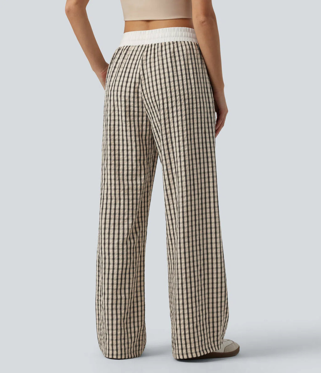 Mid Rise Drawstring Wide Leg Baggy Plaid Casual Pants with Pockets