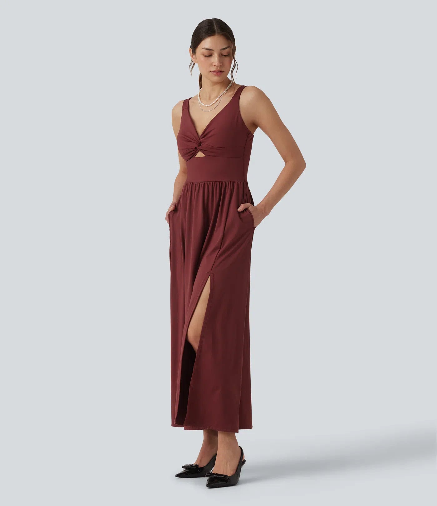 Airy V-neck Twisted Sleeveless Split Midi Non-Removable