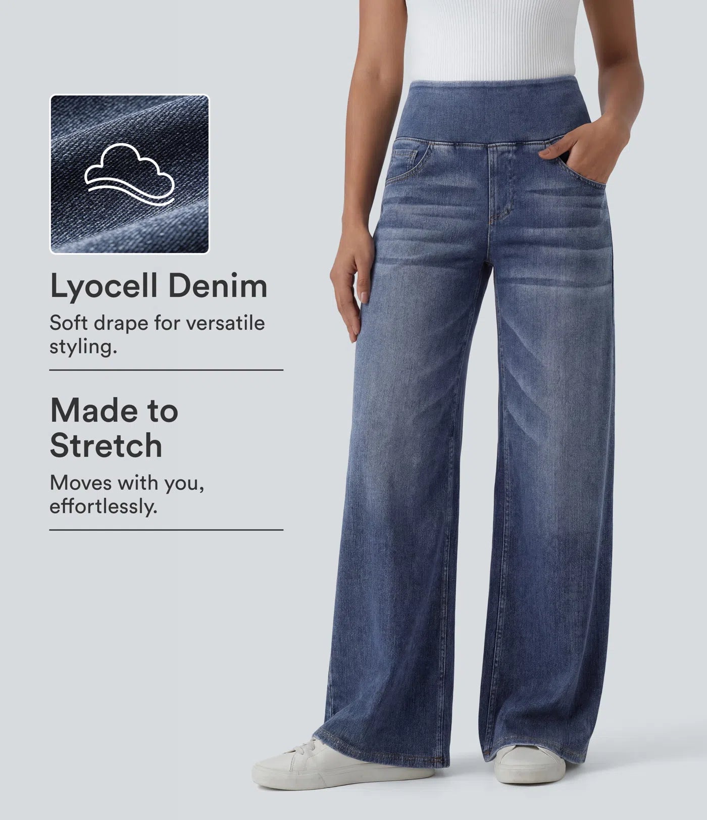 Mid Rise Draped Lyocell Washed Casual Baggy Wide Leg Jeans with Pockets