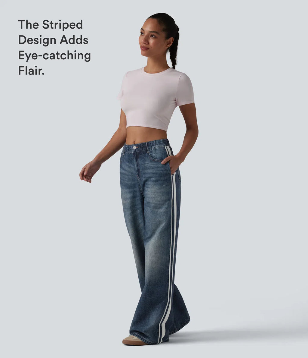 Mid Rise Denim Print French Terry Stripe Casual Sweatpants Jeans with Pockets