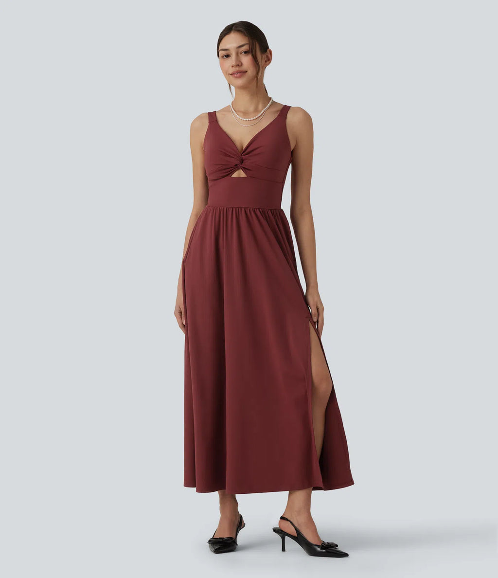 Airy V-neck Twisted Sleeveless Split Midi Non-Removable