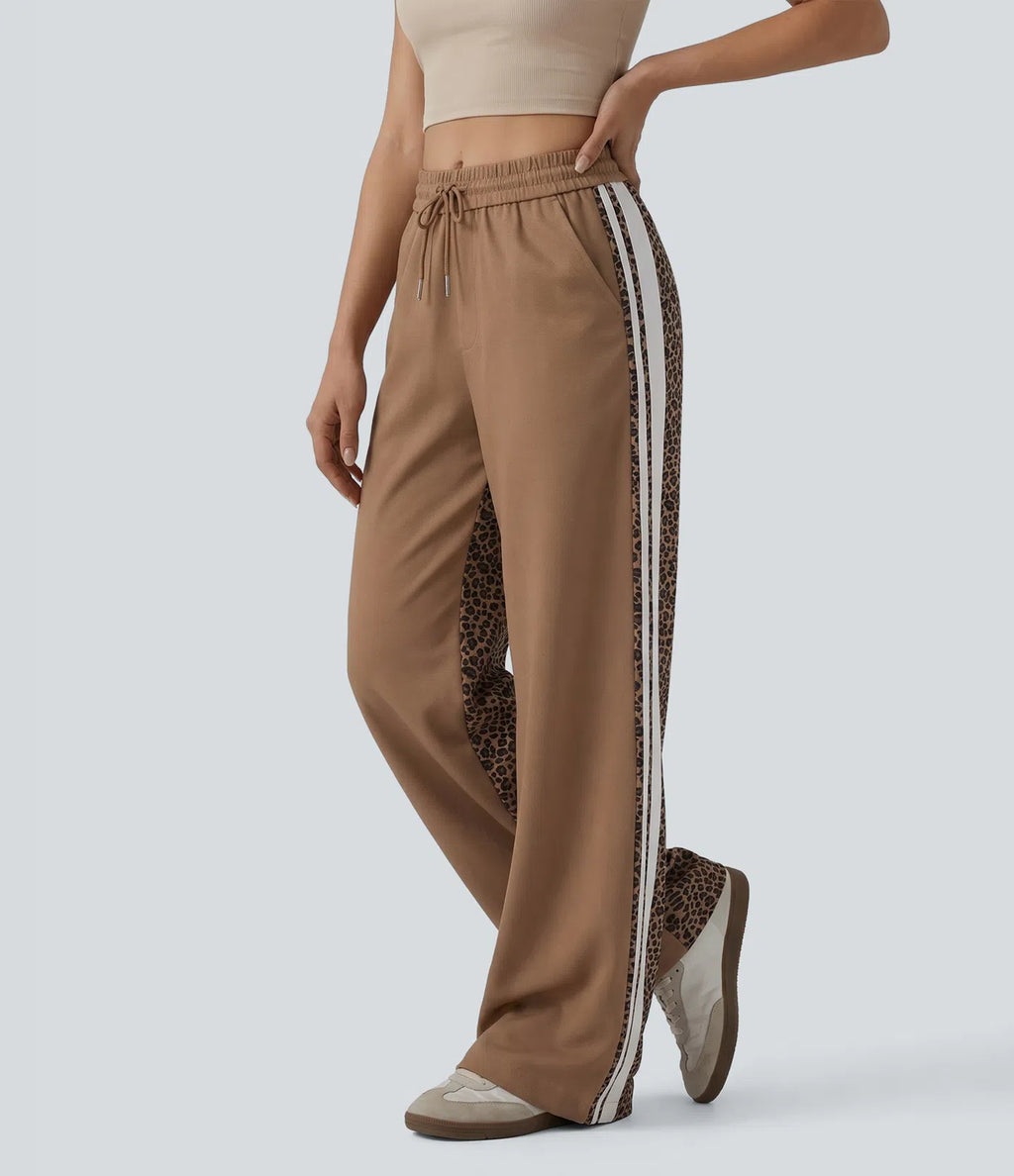 Stripes Contrast Leopard Casual Baggy Pants with Pockets