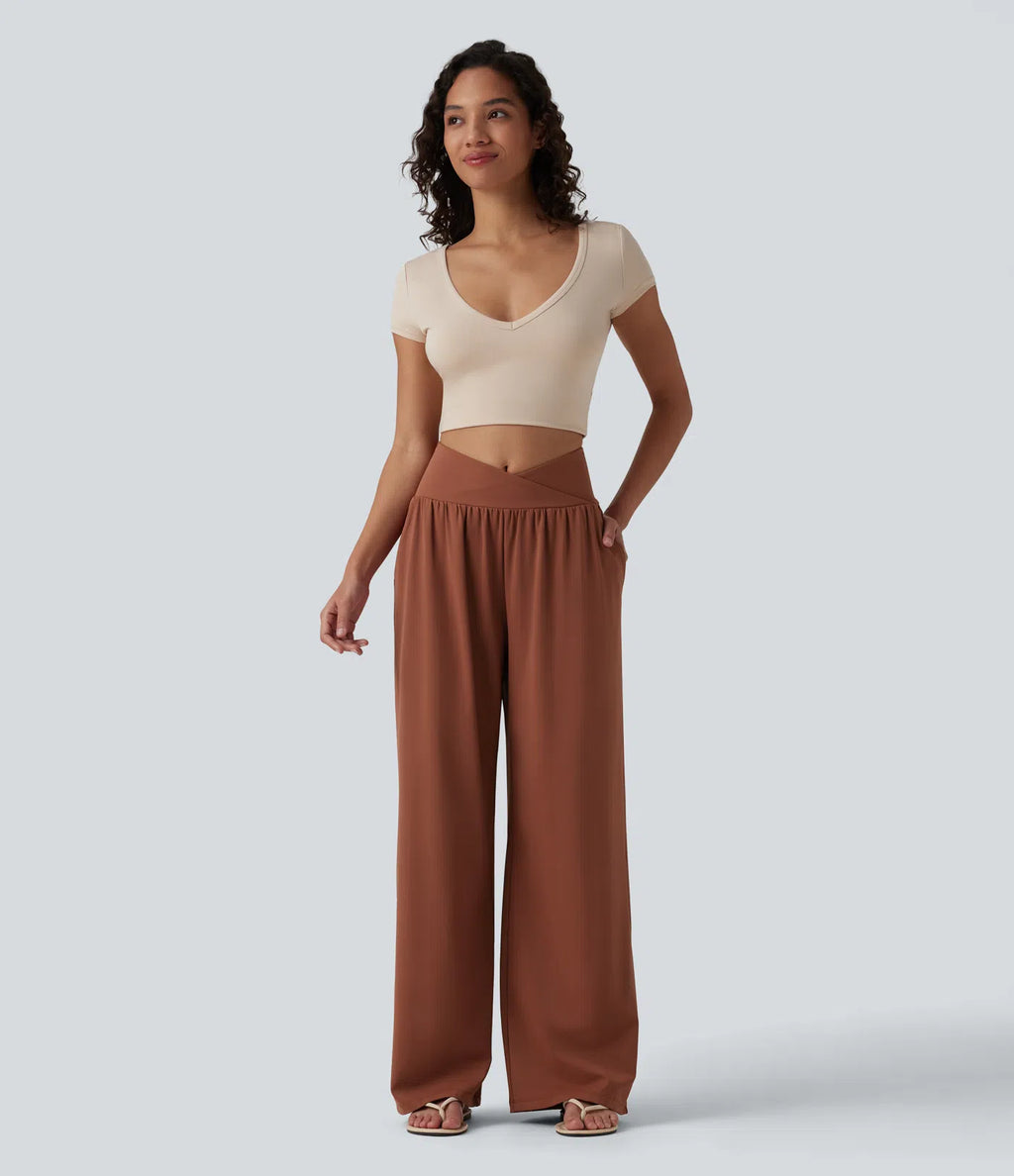Airy Crossover High Waisted Cool Touch Casual Baggy Pants with Pockets