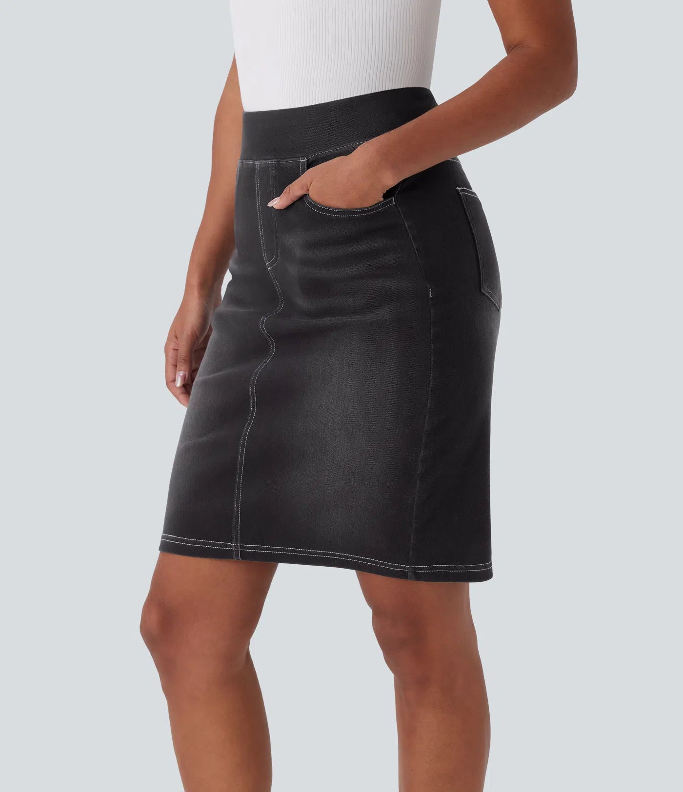 High Waisted Pockets Washed Denim Casual Skirt