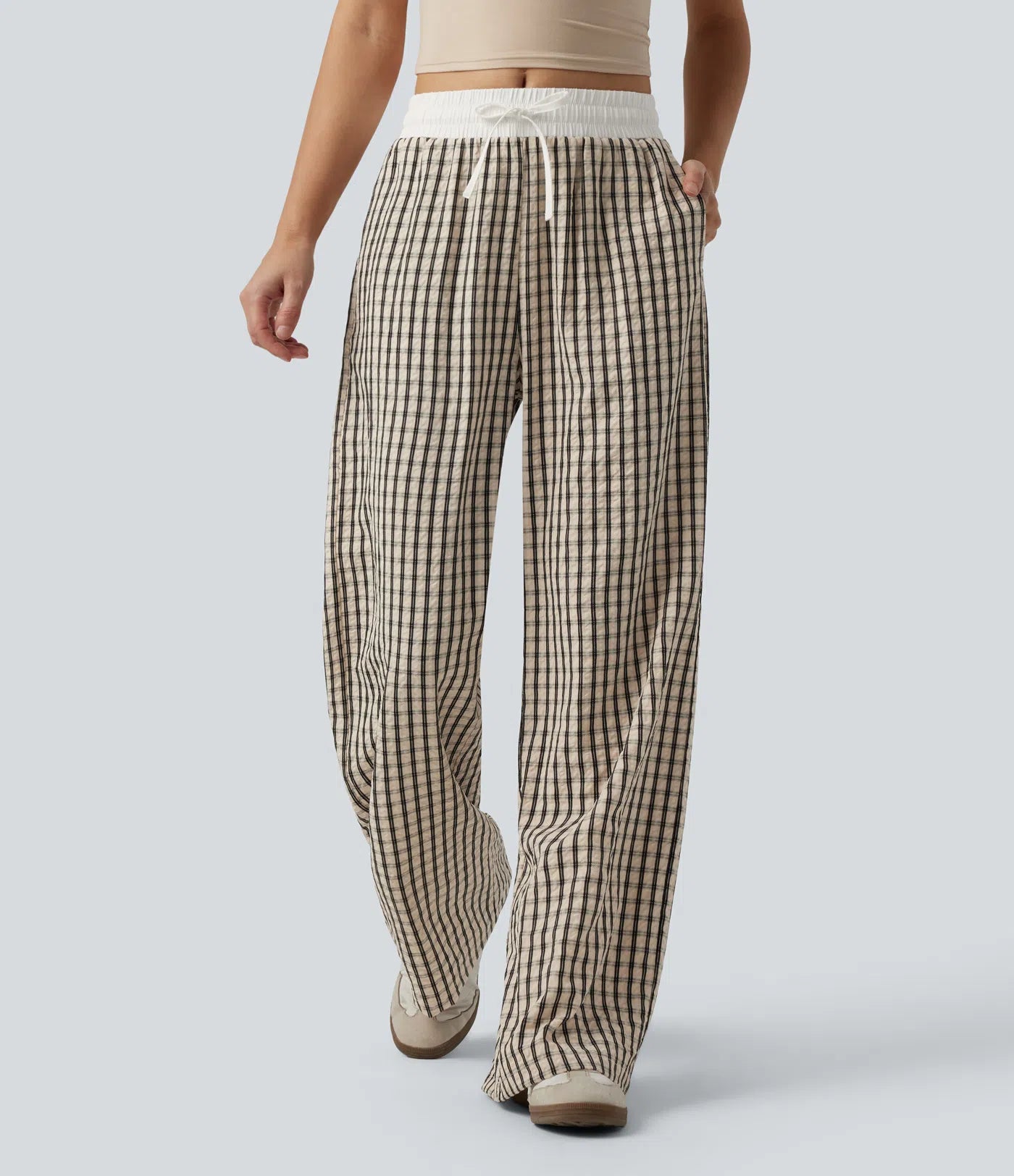 Mid Rise Drawstring Wide Leg Baggy Plaid Casual Pants with Pockets