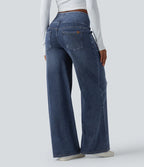Mid Rise Draped Lyocell Washed Casual Baggy Wide Leg Jeans with Pockets