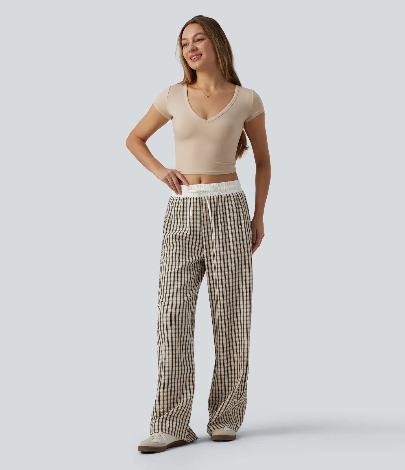 Mid Rise Drawstring Wide Leg Baggy Plaid Casual Pants with Pockets