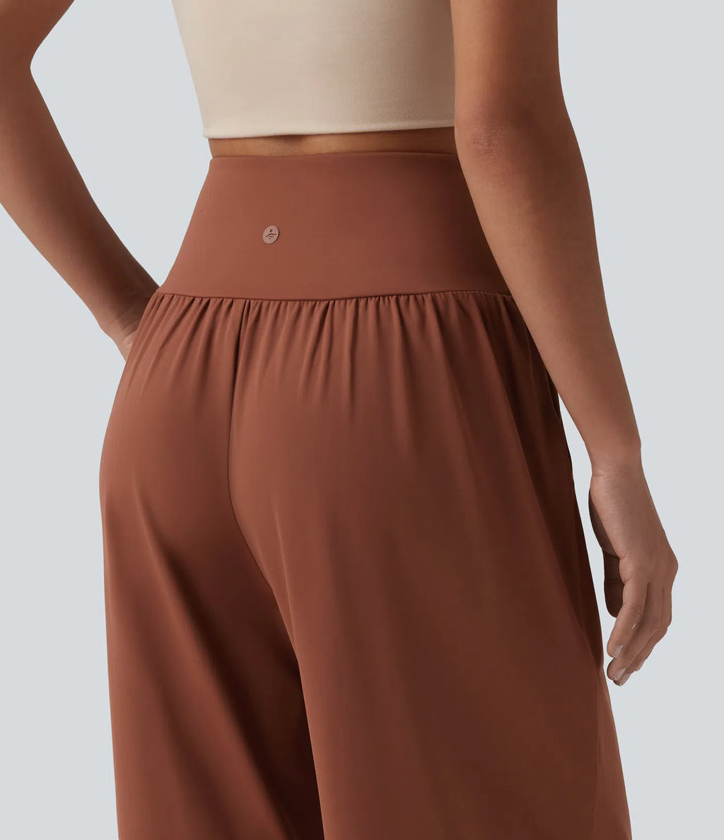 Airy Crossover High Waisted Cool Touch Casual Baggy Pants with Pockets